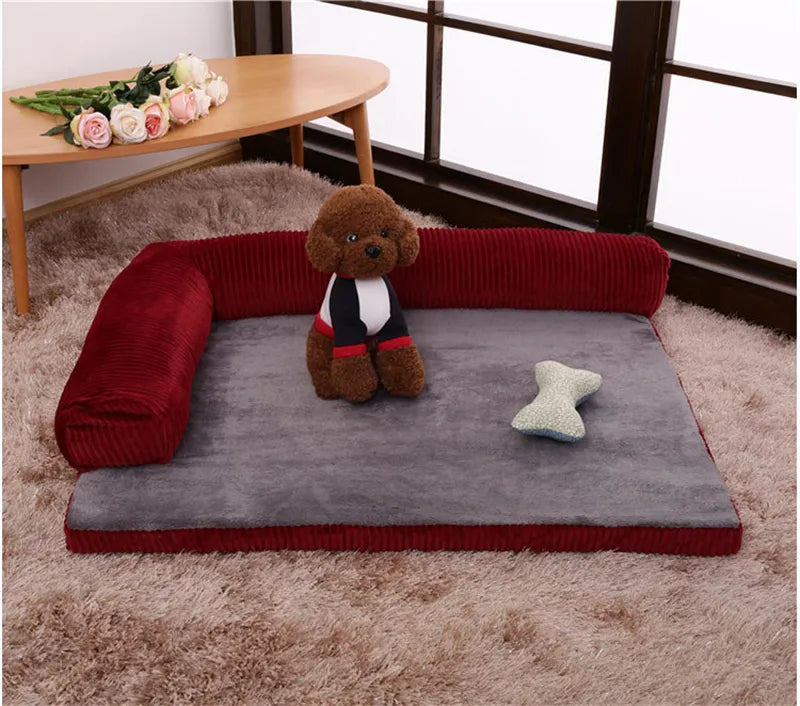 Pet bed with a plush toy on a carpeted floor