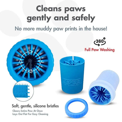 Blue paw cleaning tool with text highlighting its features on a white background