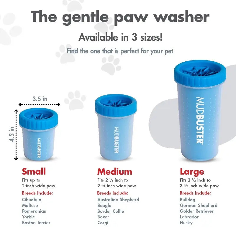 Mudbuster paw washer with size chart on a white background