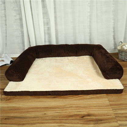 Brown and beige pet bed on a wooden floor with white curtains in the background